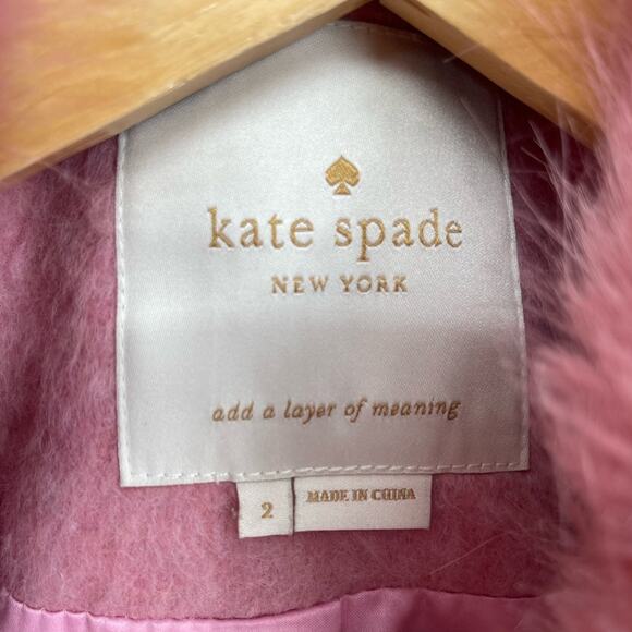 Kate Spade Tulip Pink Faux Fur Collar Crystal Button Front Wool Blend Coat sz 2 - Picture 10 of 11
